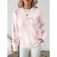 thumbnail image 1 of Women's Crew Neck Bow Jacquard Knit Sweater, Drop Shoulder Long Sleeve Loose Pullover Top for Christmas Holiday, 1 of 7