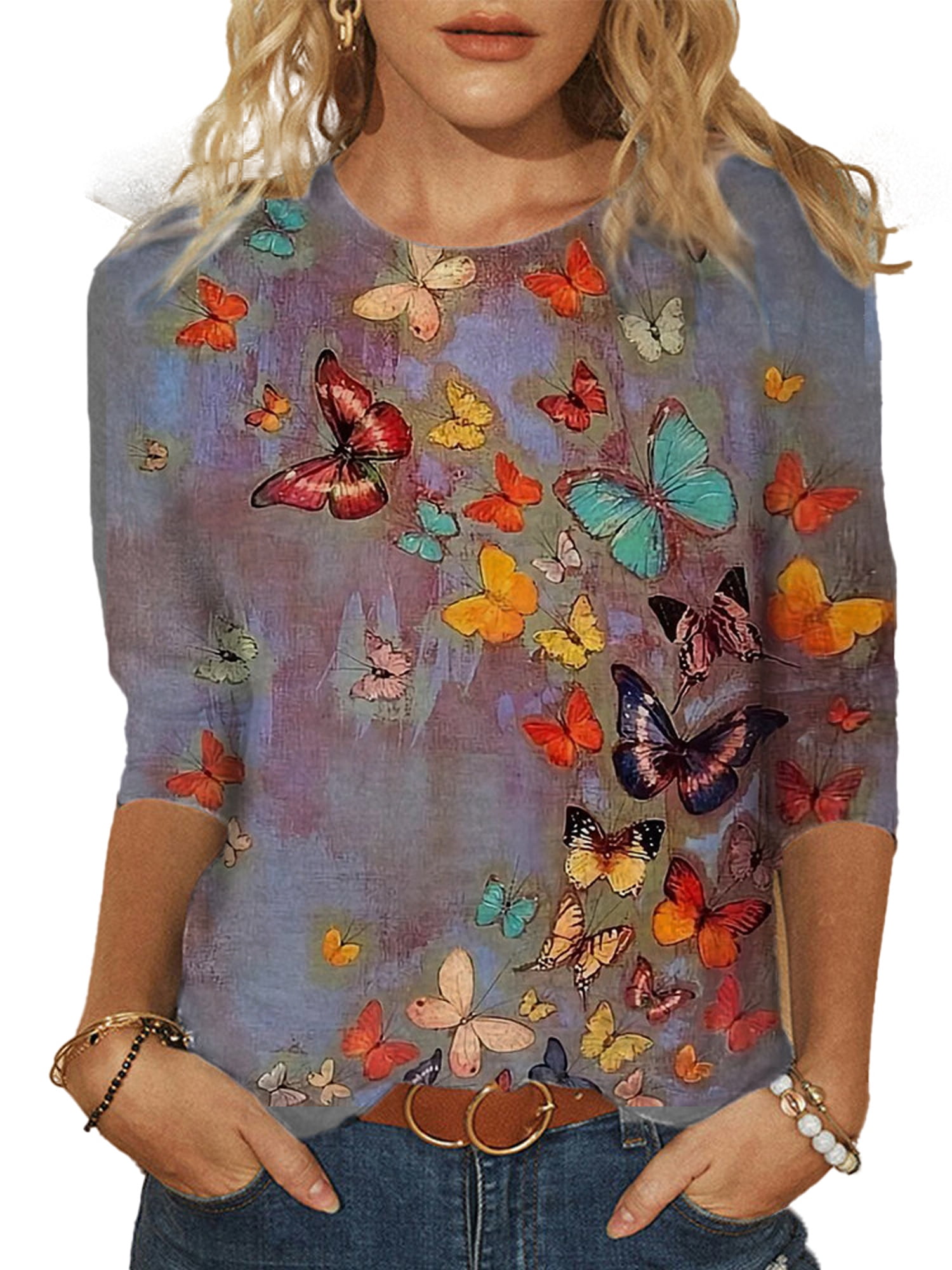 Women's Crew Neck Butterfly Floral Tee 3/4 Sleeve T Shirts Casual Tops ...