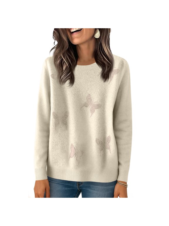 Women's Crew Neck Butterfly Sweater, Long Sleeve Embellished Pullover Top for Casual Fall Winter Wear