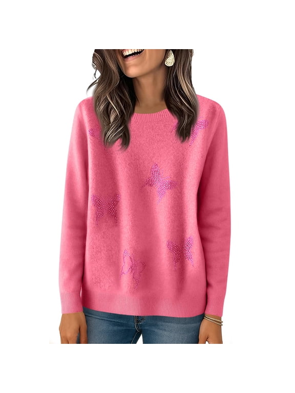 Women's Crew Neck Butterfly Sweater, Long Sleeve Embellished Pullover Top for Casual Fall Winter Wear