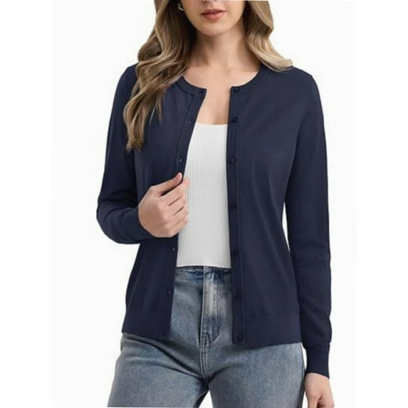 Women's Crew Neck Button Down Long Sleeve Cardigan for Women Classic Soft Ladies Cardigan Sweater Coat