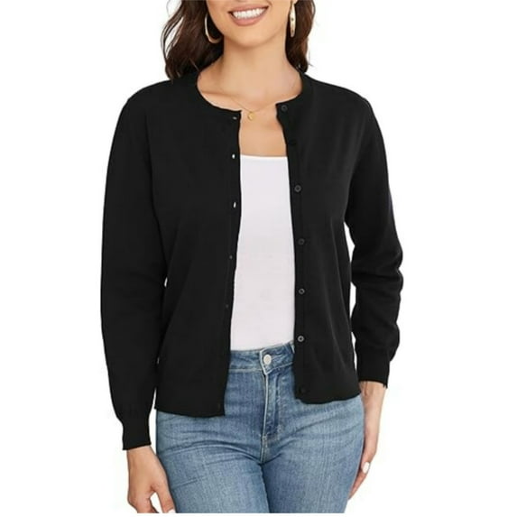 Women's Crew Neck Button Down Long Sleeve Cardigan for Women Classic Soft Ladies Cardigan Sweater Coat
