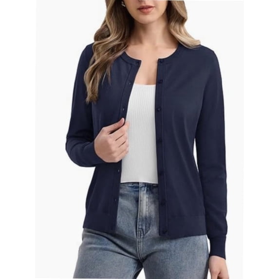 Women's Crew Neck Button Down Long Sleeve Cardigan for Women Classic Soft Ladies Cardigan Sweater Coat