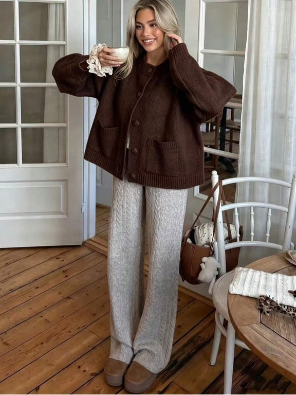 Women's Crew Neck Button Front Cardigan, Long Sleeve Patch Pocket Loose Fit Knit Top, Relaxed Fit Casual Outerwear, Minimalist Everyday Wear