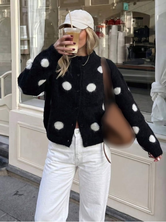Women's Crew Neck Button Front Cardigan, Long Sleeve Polka Dot Loose Fit Knit Top, Relaxed Fit Casual Outerwear, Minimalist Everyday Wear