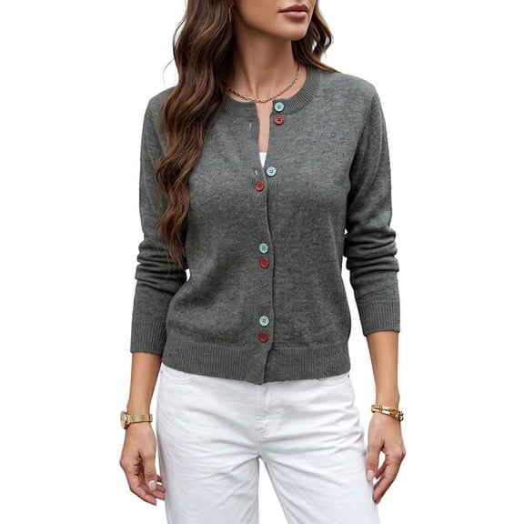 Women's Crew Neck Button Front Long Sleeve Knit Cardigan Sweater, Sizes S-L