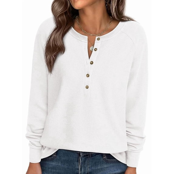 Women's Crew Neck Button Henley Waffle Knit Loose Long Sleeve Top White L