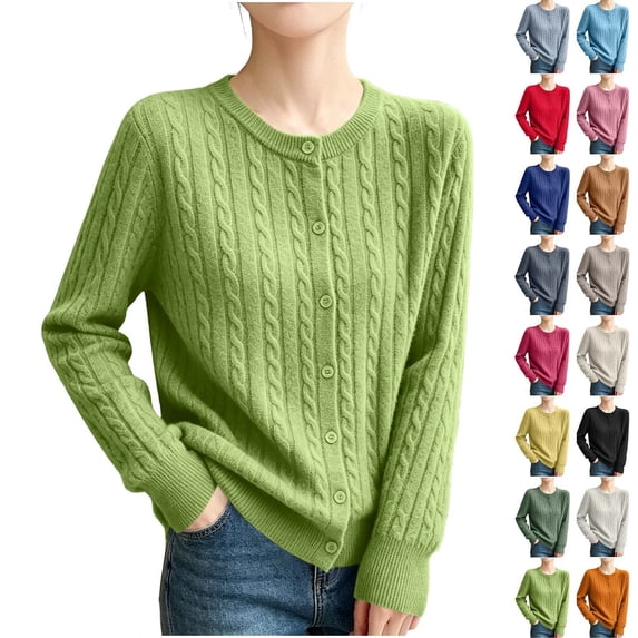 Women's Crew Neck Cable Knit Cardigan, Long Sleeve Button Front Loose Casual Sweater,Green,Women's Plus Size XL