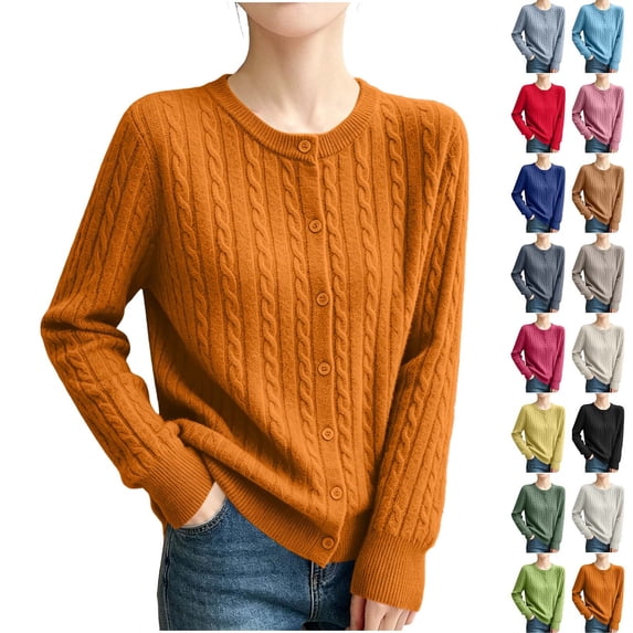 Women's Crew Neck Cable Knit Cardigan, Long Sleeve Button Front Loose Casual Sweater,Orange,Women's Plus Size XXL