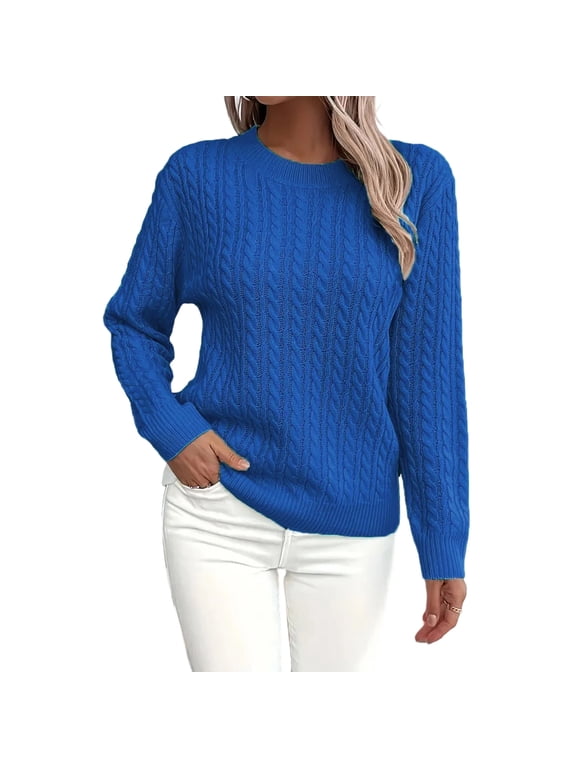 Women's Crew Neck Cable Knit Sweater, Long Sleeve Pullover Top for Casual Fall Winter Everyday Wear