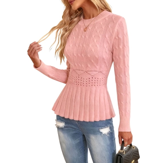Women's Crew Neck Cable Knit Waist Peplum Sweater Top Pink XXL