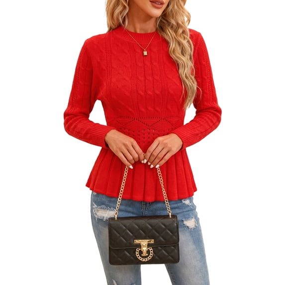 Women's Crew Neck Cable Knit Waist Peplum Sweater Top Red S