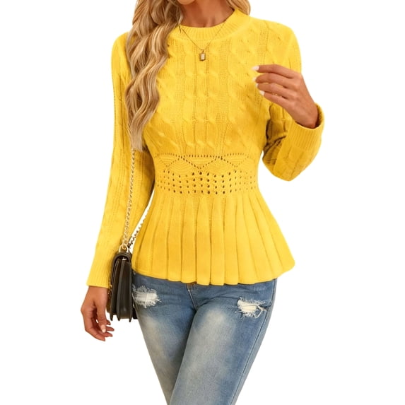 Women's Crew Neck Cable Knit Waist Peplum Sweater Top Yellow M