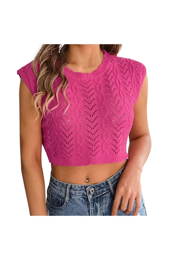Women's Crew Neck Cap Sleeve Crochet Knit Crop Top, Casual Form-Fitting Blouse with Textured Pattern and Multiple Color Options