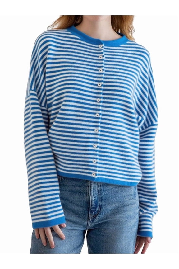 Women's Crew Neck Casual Cardigan Sweater Open Front Wavy Long Sleeves Cropped Knit Outerwear Blue L