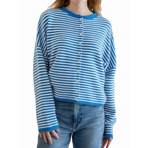 Women's Crew Neck Casual Cardigan Sweater Open Front Wavy Long Sleeves Cropped Knit Outerwear Blue M