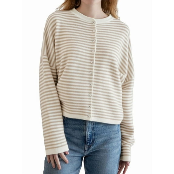 Women's Crew Neck Casual Cardigan Sweater Open Front Wavy Long Sleeves Cropped Knit Outerwear Khaki S