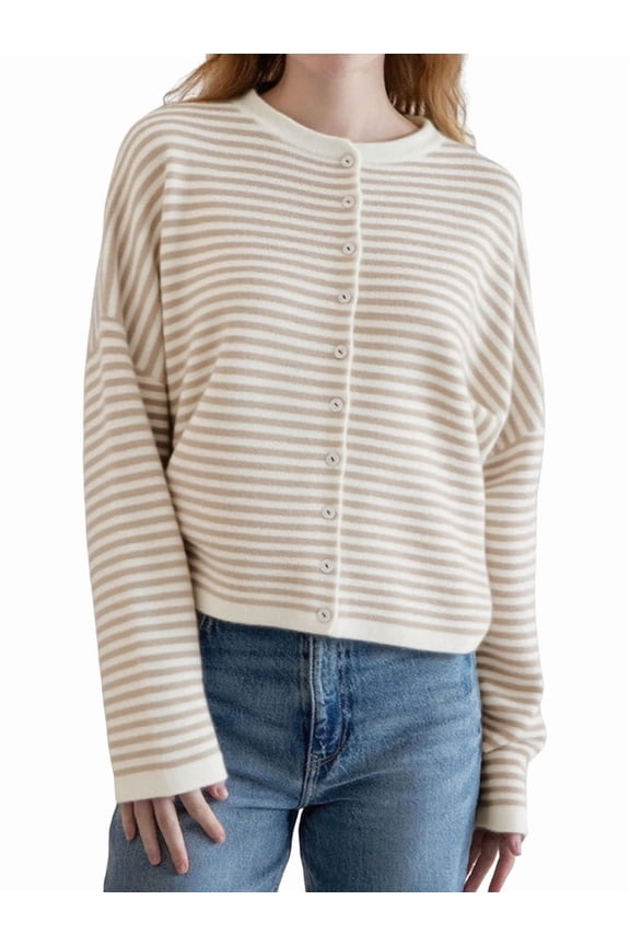 Women's Crew Neck Casual Cardigan Sweater Open Front Wavy Long Sleeves Cropped Knit Outerwear Khaki S