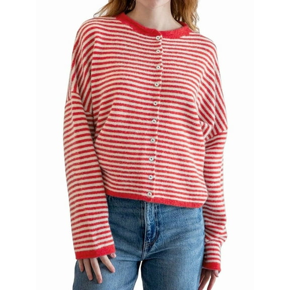 Women's Crew Neck Casual Cardigan Sweater Open Front Wavy Long Sleeves Cropped Knit Outerwear Red S