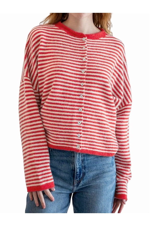 Women's Crew Neck Casual Cardigan Sweater Open Front Wavy Long Sleeves Cropped Knit Outerwear Red S