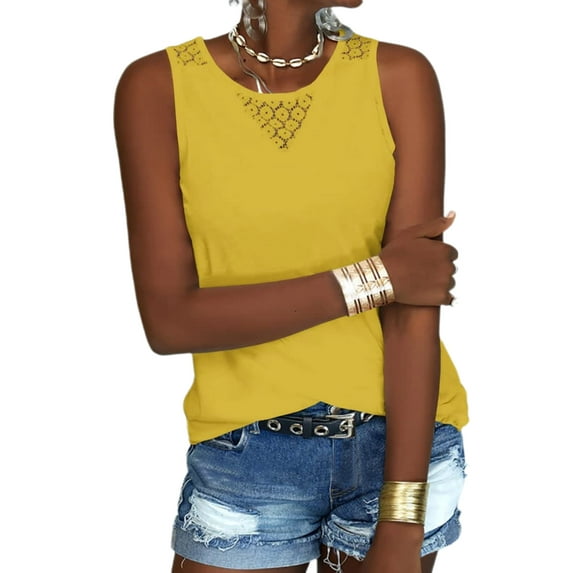 Women's Crew Neck Casual Loose Sleeveless Shirt Lace Tanks Tops