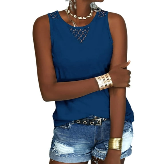 Women's Crew Neck Casual Loose Sleeveless Shirt Lace Tanks Tops