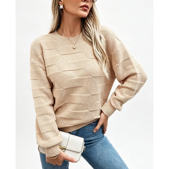 Women's Crew Neck Checkered Textured Knit Drop Shoulder Long Sleeve Sweater
