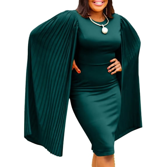 Women's Crew Neck Collar Pleated Cape Sleeve Loose Dress Elegant Short Dress