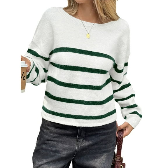 Women's Crew Neck Cropped Sweater Fall Long Sleeve Chunky Knit Pullover Sweater Tops Green & White XL