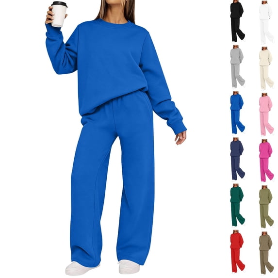 Women's Crew Neck Drop Shoulder Loose Sweatshirt Drawstring Wide Leg Pants 2 Piece Casual Outfit Set,S,Women's Plus Size