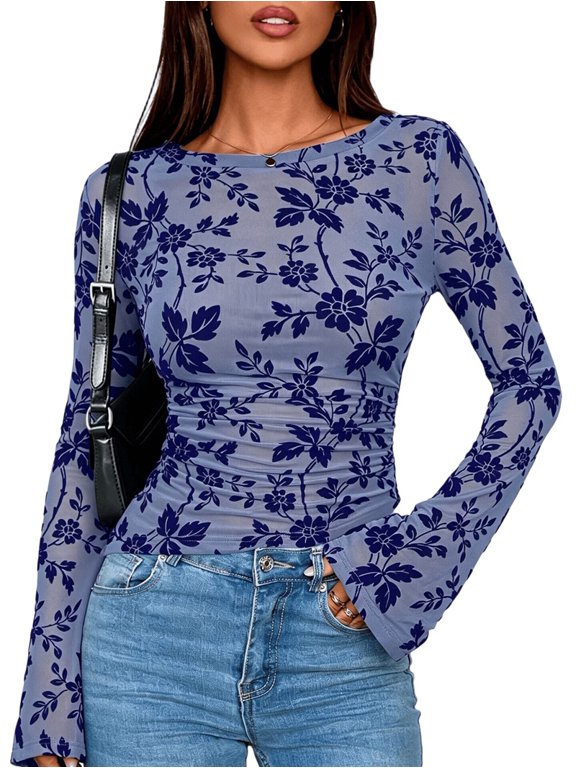 Women's Crew Neck Floral Flocked Ruched Flare Sleeve Fitted Top Blue L