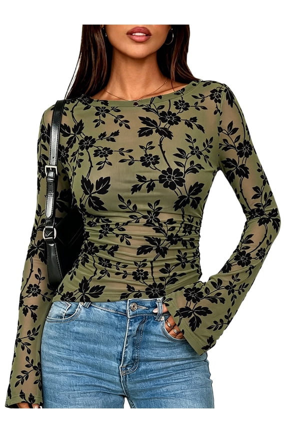 Women's Crew Neck Floral Flocked Ruched Flare Sleeve Fitted Top Green M