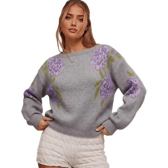 Women's Crew Neck Floral Jacquard Cropped Knit Pullover Gray S