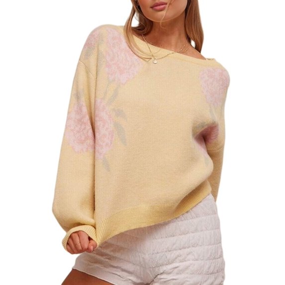 Women's Crew Neck Floral Jacquard Cropped Knit Pullover Yellow L