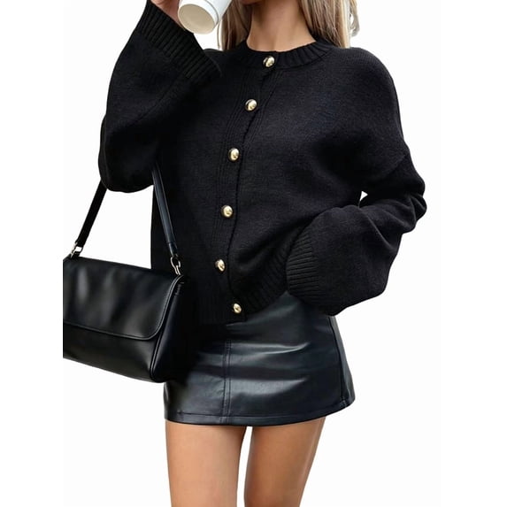 Women's Crew Neck Gold Button Solid Oversized Long Sleeve Knit Cardigan Coat Black S