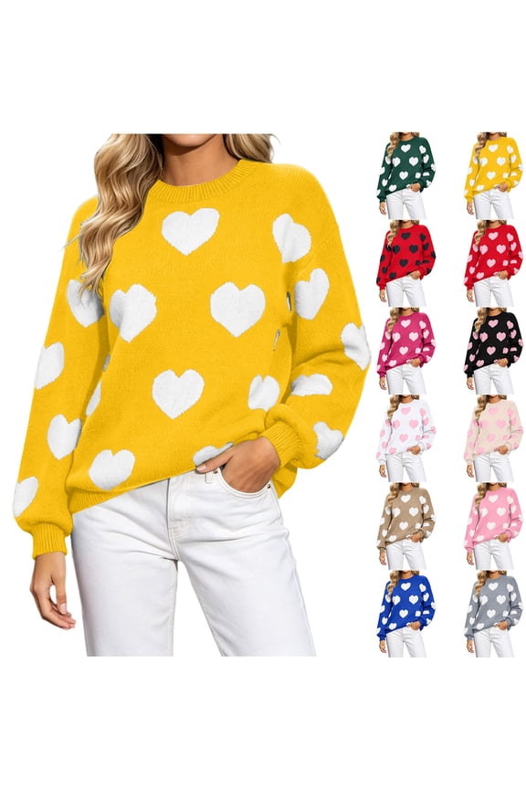 Women's Crew Neck Heart Print Knit Sweater,Loose Fit Soft Long Sleeve Cute Love Heart Pattern Pullover Top,Yellow,Women's Plus Size L