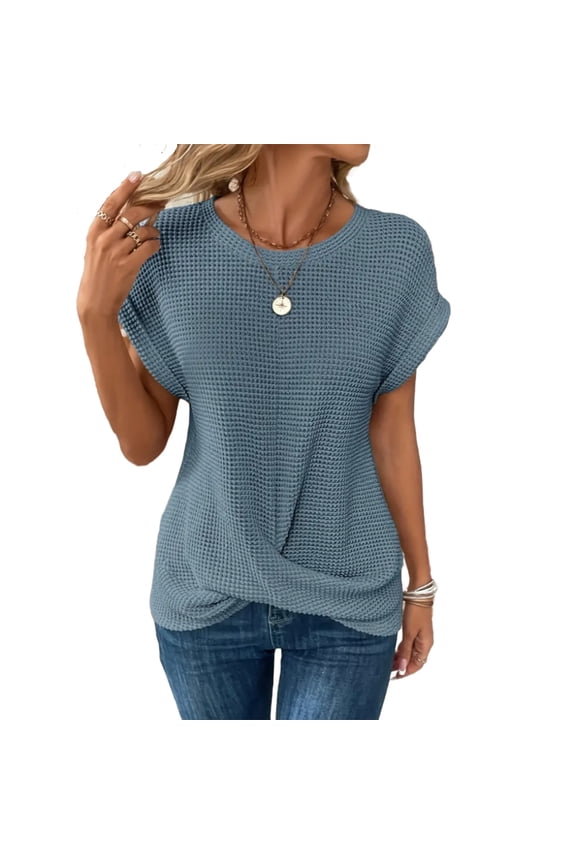 Women's Crew Neck Knit Front T Shirts Cap Sleeve Casual Tee Tops Summer Loose Breathable Streetwear Tops