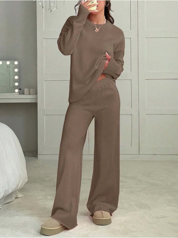 Women's Crew Neck Knit Pullover Sweater & Wide Leg Pants 2 Piece Loungewear Set