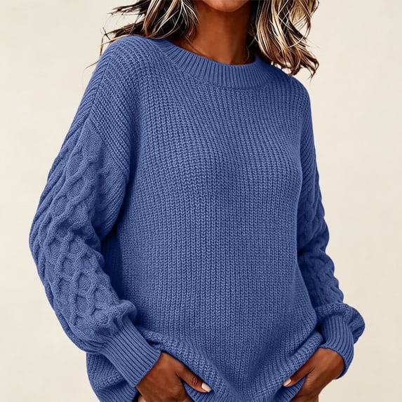 Women's Crew Neck Knit Sweater, JIANLAI Cable Knit Long Sleeve Pullover Top, Solid Color Loose Fit Textured Blouse