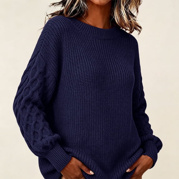 Women's Crew Neck Knit Sweater, JIANLAI Cable Knit Long Sleeve Pullover Top, Solid Color Loose Fit Textured Blouse