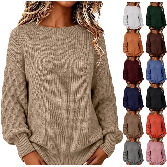 Women's Crew Neck Knit Sweater, JIANLAI Cable Knit Long Sleeve Pullover Top, Solid Color Loose Fit Textured Blouse