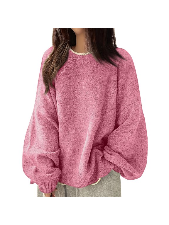 Women's Crew Neck Knit Sweater, Long Sleeve Blouson Pullover Top for Casual Fall Winter Everyday Wear