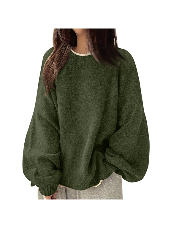 Women's Crew Neck Knit Sweater, Long Sleeve Blouson Pullover Top for Casual Fall Winter Everyday Wear