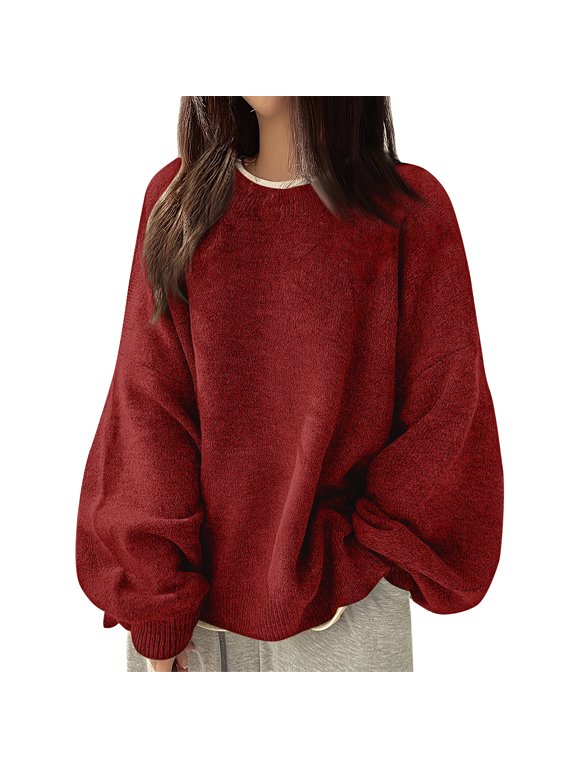 Women's Crew Neck Knit Sweater, Long Sleeve Blouson Pullover Top for Casual Fall Winter Everyday Wear