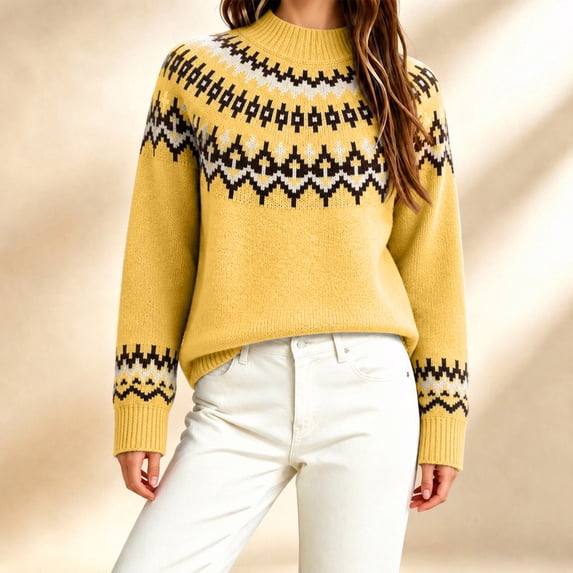 Women's Crew Neck Knit Sweater, Long Sleeve Pullover Top for Fall Winter Casual Wear