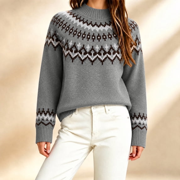 Women's Crew Neck Knit Sweater, Long Sleeve Pullover Top for Fall Winter Casual Wear