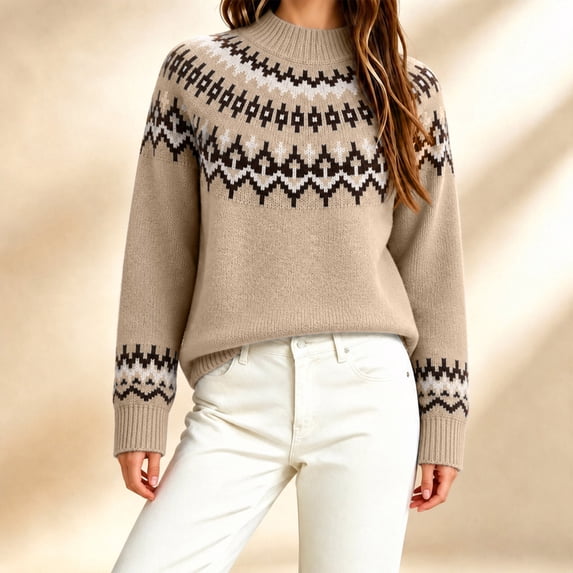Women's Crew Neck Knit Sweater, Long Sleeve Pullover Top for Fall Winter Casual Wear