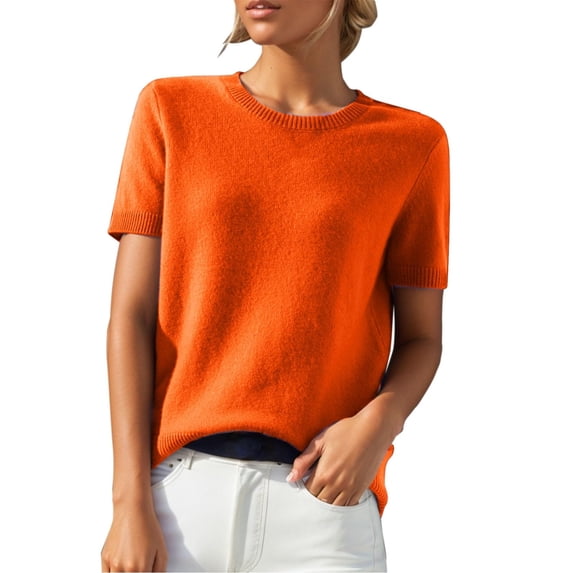 Women’s Crew Neck Knit Tee, Short Sleeve Loose Fit Casual Multi-Season Top Fall Spring Blouse