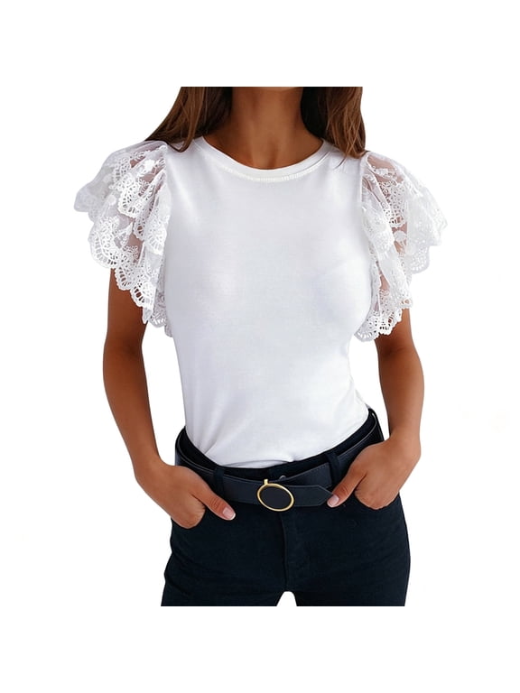 Women's Crew Neck Lace Flutter Sleeve Blouse Slim Fit Casual Dressy Summer Top