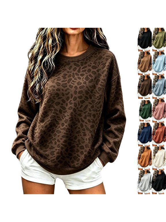 Women's Crew Neck Leopard Print Sweatshirt, Long Sleeve Loose Fit Pullover Top, Soft Casual Fall Winter Tunic Blouse, Trendy Printed Basic Shirt for Everyday Wear Coffee S